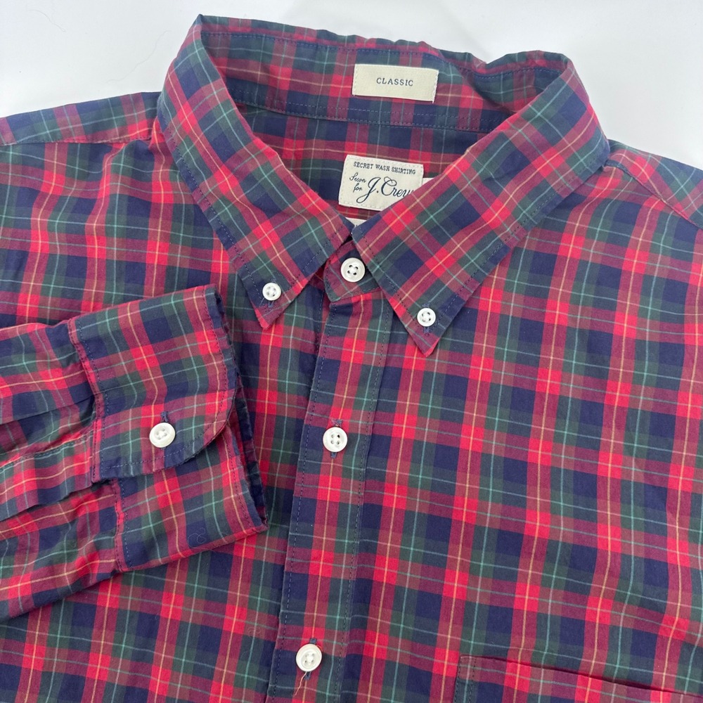 J.Crew Button Down Shirt Mens XLT Red Navy Plaid Secret Wash Classic Fit